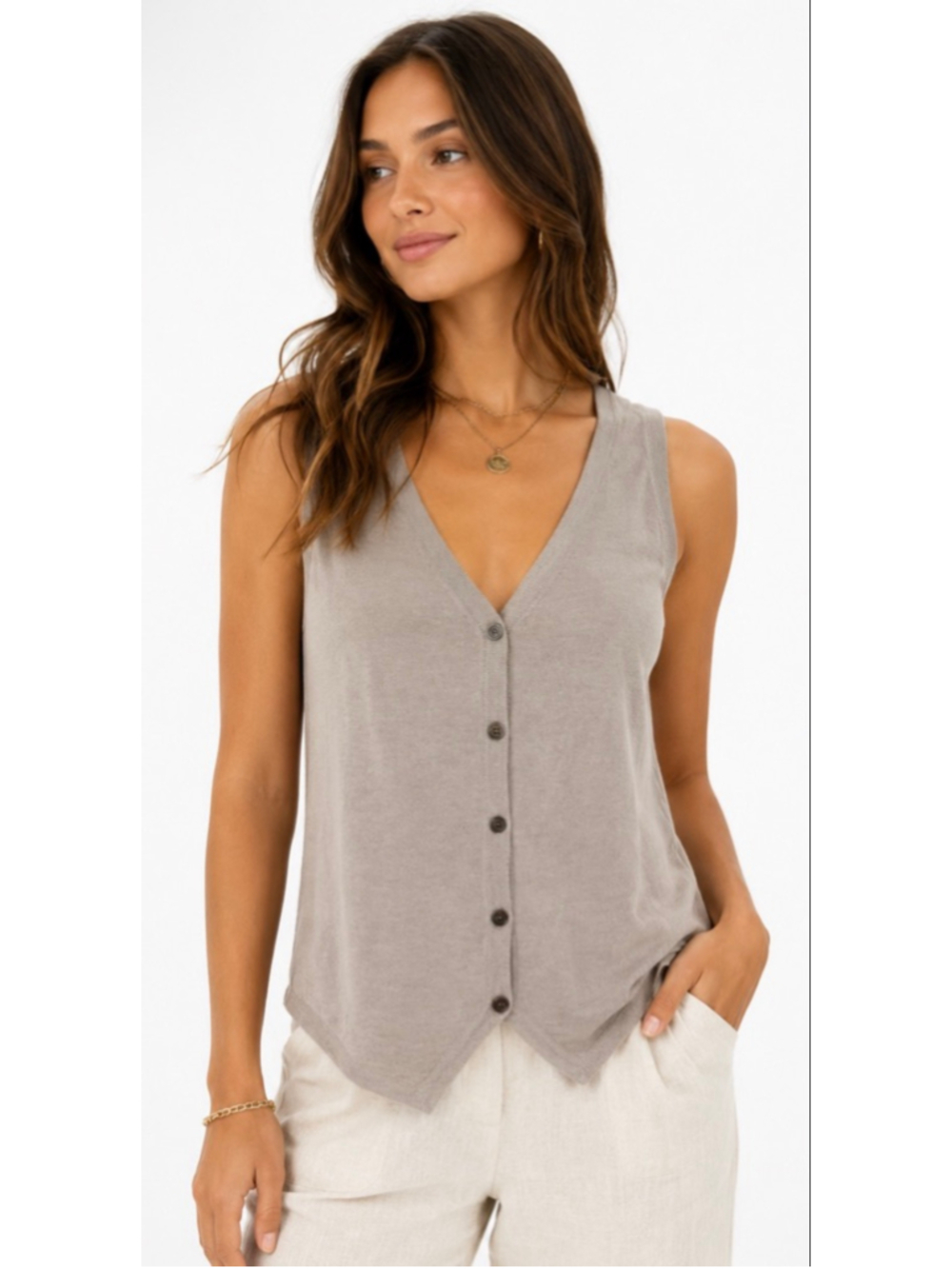NWT AYA MUSE Taupe Sleeveless Button-Front Tank Top M